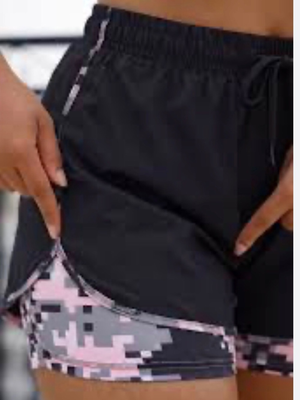 Women’s Athletic 2-in-1 Shorts Black/Pink/Gray Pixelated Liner Size-L NIB